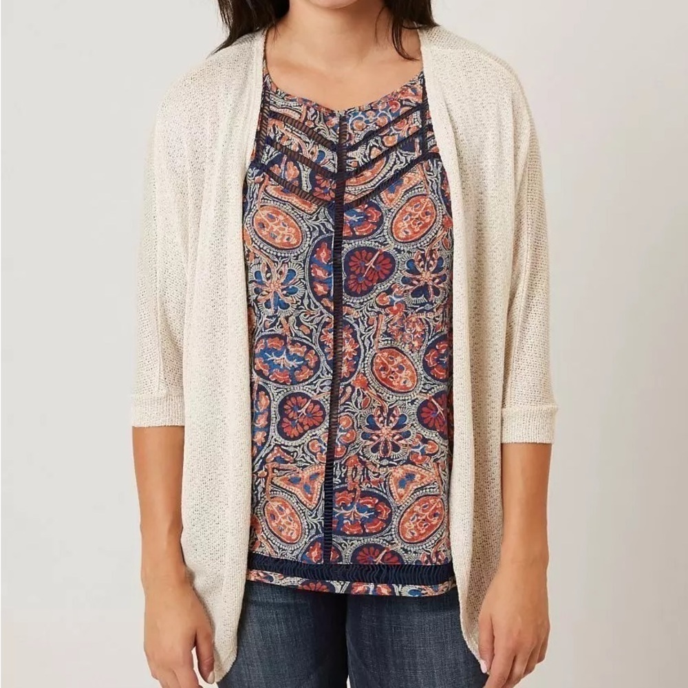 Daytrip Cream Flyaway Knit Open Front Lightweight Cardigan Sweater Size L New